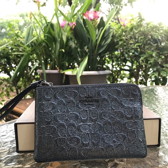 Coach Handbags - Coach Grey Metallic Embossed Wristlet